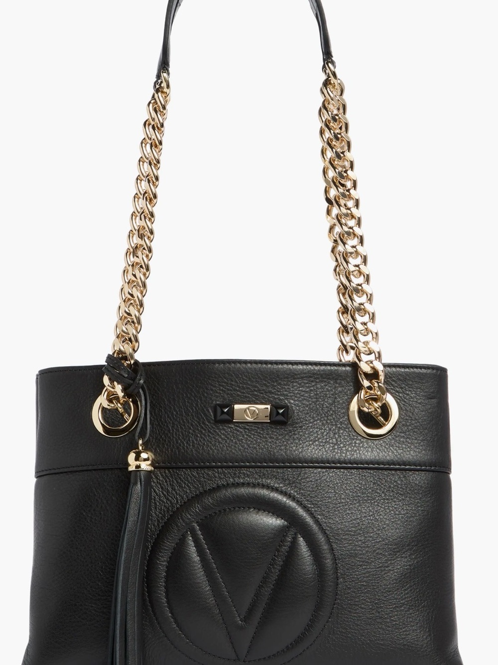 Mario Valentino Black Leather Shoulder Bag with Gold Chain Straps